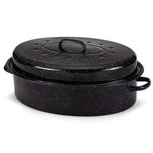 Alpine Cuisine Enamel Oval Roaster | Carbon Steel Oval Roasting Pan 18x14-Inch | Non-Stick Marble Coating with Lid | Oven & Dishwasher Safe | Even Heat Distribution | Ideal for Large & Small Servings