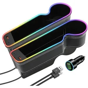 7 Colors LED Car Seat Gap Organizer Front Seat Organizer with 56W Fast Charger Center Console Gap Filler with USB Type C Charging Car Organizer with Cup Holder,LED Auto Interior Accessories (Black)