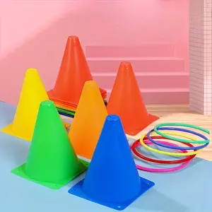 6-piece set of plastic traffic cones and 10 piece set of lifting rings throwing game set with storage bag, multi-color agile court marking children's outdoor carnival garden party toys
