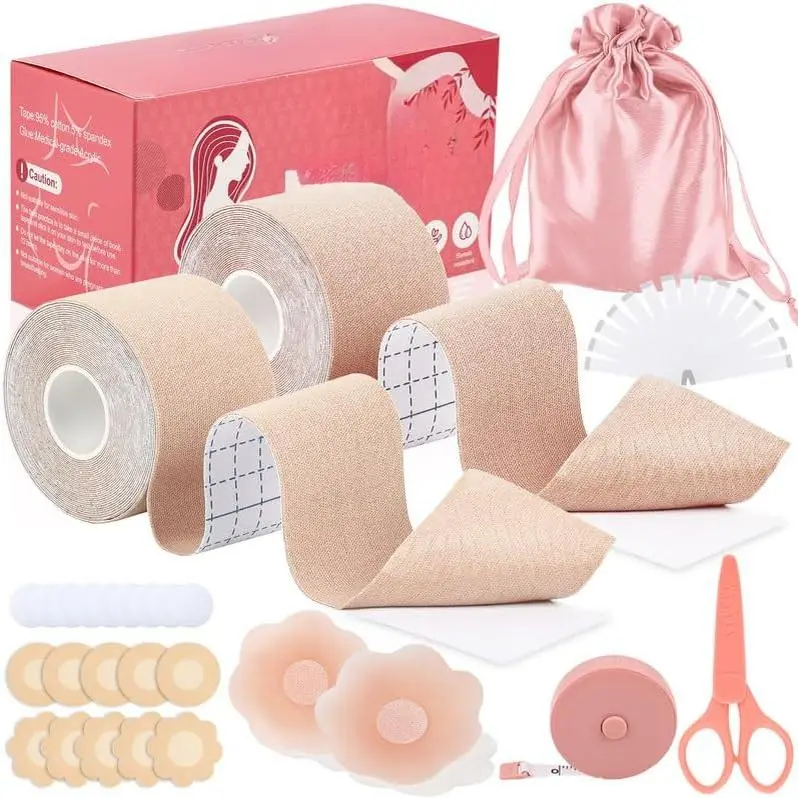 Boob Tape Kit -  for Breast Lift, 2 Body Tape, 4 count Silicone Breast Petals, 20 count Satin Nipple Stickers, 36 count Double Sided Tape, Boobtape for A-G (Creme)