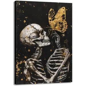 Skull Wall Art Skull and Gold Butterfly Canvas Print Abstract Modern Gothic Artwork for Bedroom Dark Art Decor