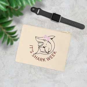 Shark Week Accessory Pouch - 100% Cotton Canvas with Cream Zipper & Shark Print - 8.3" x 7.8" - Easy Carry Handle