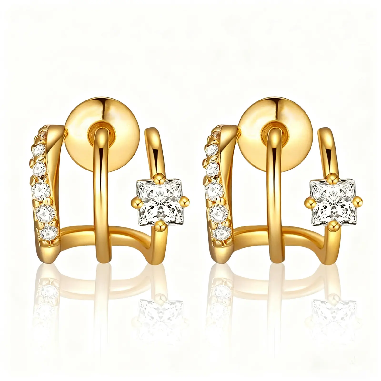 14K Gold Plated Triple Huggie Illusion Stud Earrings, Wrap Earrings for 1 Hole, Gold Hoop Drop Earrings for Women