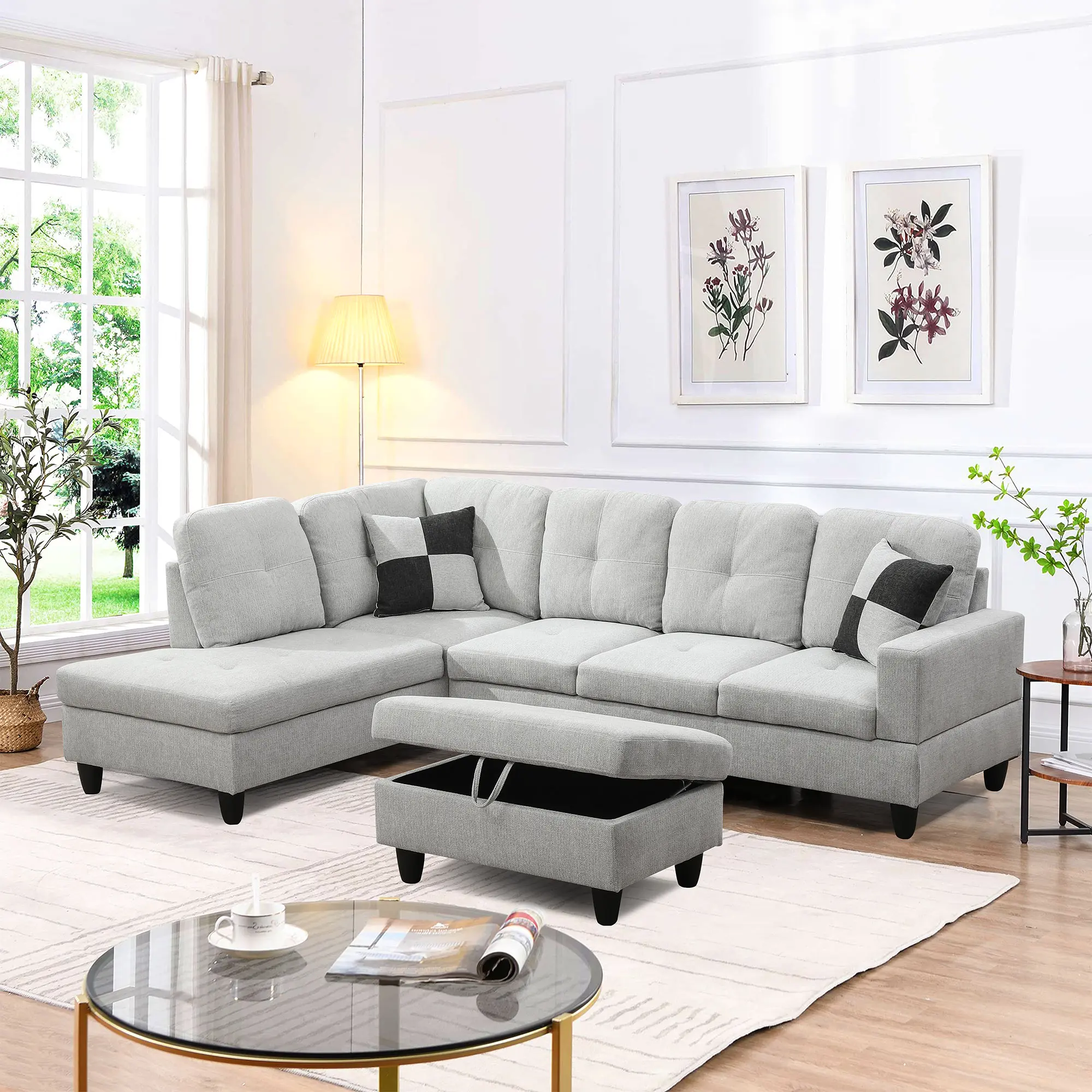 Light Grey 3-Piece Flannel Indoor Sofa Set - Sturdy Modern Minimalist Design, Fixed Arms, Soft Plush Upholstery, Storage Loveseat, Living Room Use, Apartment Home Decor, Assembly Required, No Fire Safety Label