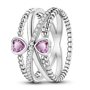 MULA S925 Sterling Silver Infinity Heart Ring with Pink CZ Crystals, Romantic Eternity Beaded Ring for Women Girls, Valentine's Day Anniversary Gift Jewelry
