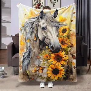Horse & Sunflower Pattern Blanket, Floral Print Blanket, 1 Count Soft Warm Throw Blanket, Air-conditioned Room Blanket, Warm Nap Blanket for Home Office Travel Camping
