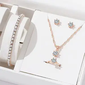 Minimally designed round zircon pendant earring set, 4-piece set, popular and versatile zircon necklace for women