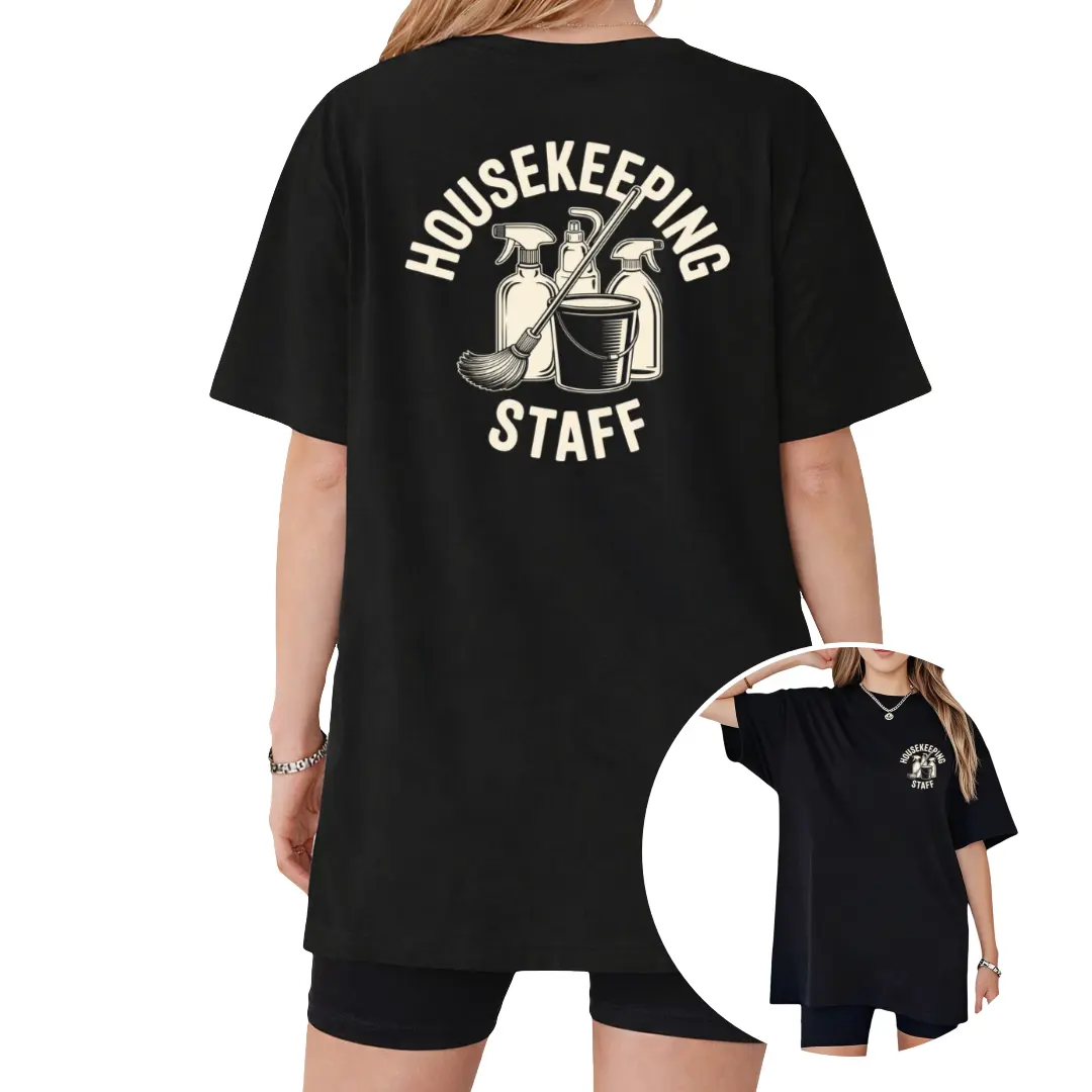 Women's HOUSEKEEPING STAFF Graphic T-Shirt - Pure Short Sleeve Round Neck Casual Top with Bucket Mop Print, Suitable for Summer Beach, Vacation & Daily Wear, Machine Washable Gift Apparel for Housekeeping Staff Uniforms