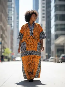 Heritage Batik Maxi Kaftan - Ochre & Monochrome Geometric Gown