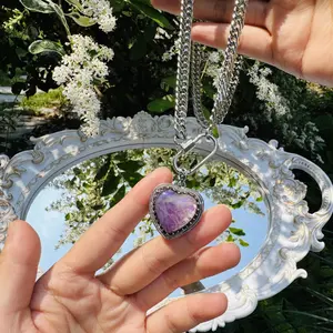 Stainless Steel Paperclip Cuban Link Chain Necklace - 20in Unisex Everyday Wear Necklace with Healing Crystal Heart Pendant, Available in Amethyst, Rose Quartz, Opal, Fluorite, Labradorite, Tiger’s Eye, Black Onyx, Mother’s Day Gift, Accessories For Women