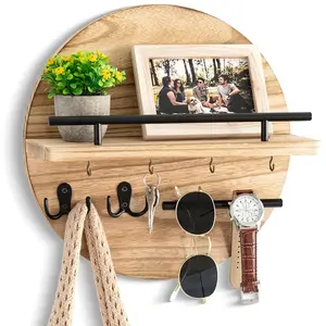 11.8 inch circular vintage wooden key holder with shelf - heavy-duty wall mounted entrance storage rack, used for storing keys, letters, and small items, suitable for indoor decoration, wall mounted key holder, letter storage rack, decorative storage rack