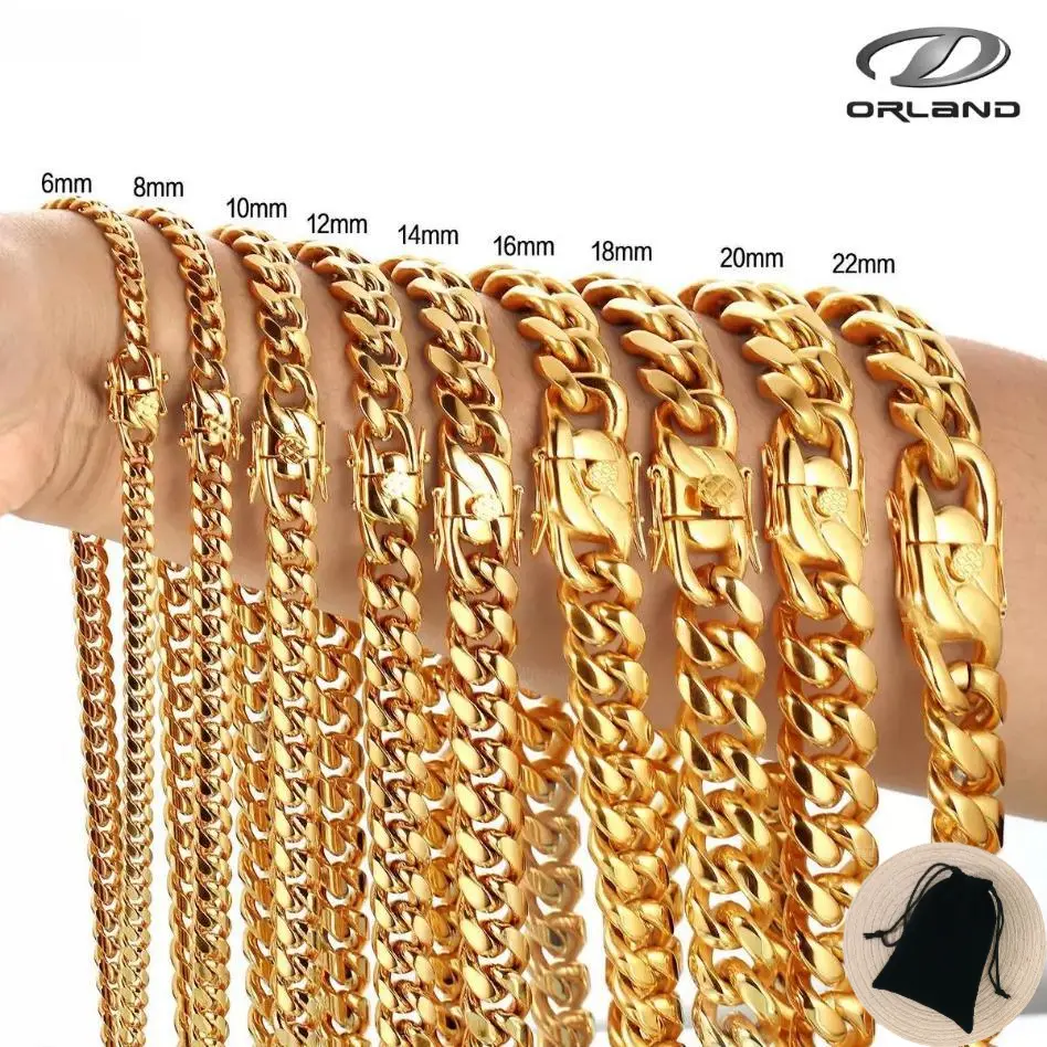 Unisex Miami Hip-Hop Style Fashion Necklace — Gold Cuban Link Design, Stainless Steel, Vacuum-Plated Finish, 6MM to 20MM Width, 18" to 30" Length chunky  chains unisex hop 8-22mm necklace