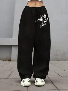 Women's Casual Sporty Pants, Butterfly Print Adjustable Drawstring Loose Wide Leg, All Seasons Fashion, H-Type Graphic Long Pants