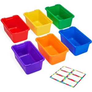 GAMENOTE 6 Quart Open-Top Storage Bins – 6 Pack Rainbow Plastic Stackable Bins for Classroom & Kids Toy Organization with Labeling Stickers, Opaque Shoe Box Size Containers for Crafts & Building (6)