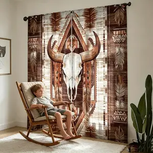 2-piece set of American countryside retro cow bone pattern curtains with ethnic style feather print semi blackout curtains% 100 polyester living room bedroom atmosphere decorative curtains