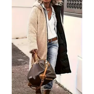 trench coat buttoned top       Women's Velvet Hooded Winter Coat - Heavy Jacket With Front Pocket, Machine Washable Long Jacket, Beige/Brown/Khaki/ (Black Not Optional) - Fall And Winter Casual To Professional Warm Blazer, Women's Winter Co
