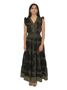 Siya Handcrafted Cotton Block Print Maxi Dress Casual Summer Womenswear Flowy