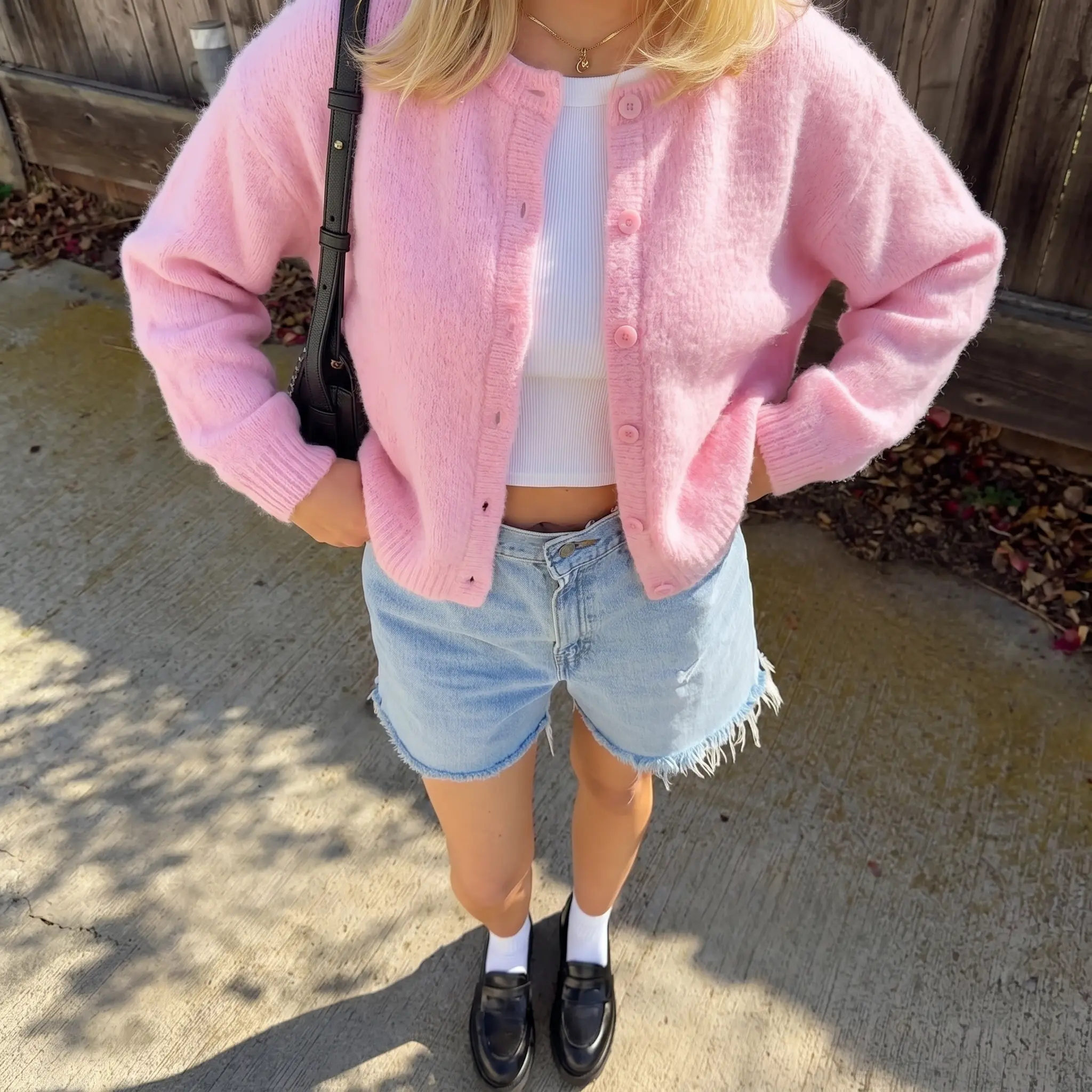 Women's Pink Crewneck Button Front Cardigan Sweater, Soft Knit Long Sleeve Casual Everyday Layering Top