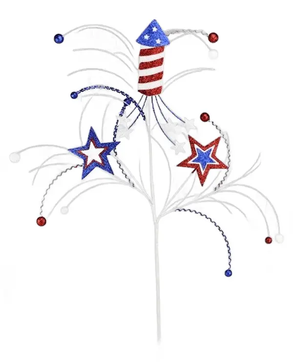 26" Firecracker Glitter Twig Spray with Star – Red/White/Blue