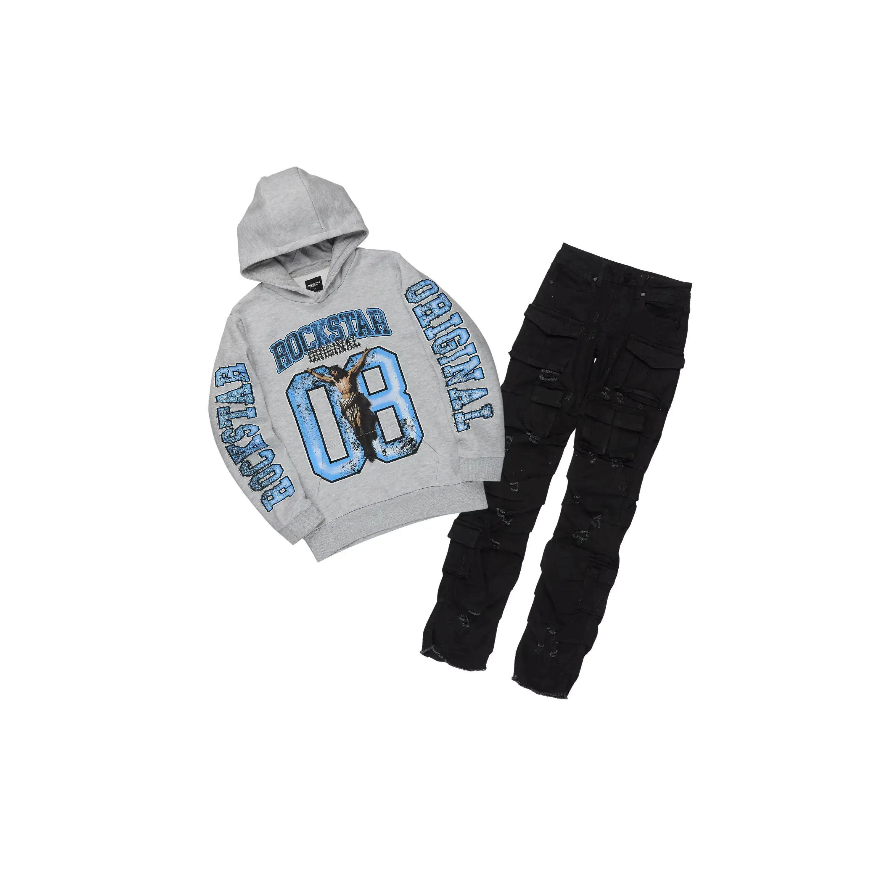 Boys Fields Grey Hoodie & Gentry Black Stacked Jean Set