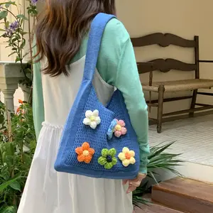 Forest-Style Woven Blue Bag — Fresh & Charming Floral Knit Handbag | Vacation-Style Seaside Beach Tote & Shoulder Bag