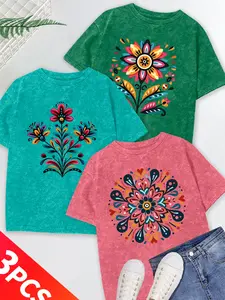 Women's 3-Pack Acid Wash Short Sleeve Crew Neck T-Shirt, Tribal Floral/Ethnic Floral/Bohemian Mandala Print, Multiple Colors, Machine Washable, Spring & Summer Top, Soft Skin-Friendly Fabric, Daily Wear, Casual, Fashion Design