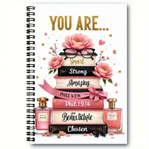 1pcs 50 page A5(8.6in *5.7in) Fun Spiral Bound Notebook, Spiral Notebook Journal - Inspirational 'YOU ARE...' with Gold Text, Colorful Book Stack (Smart, Strong), Pink Peonies, Heart Accents & Perfume Bottles Design, Motivational