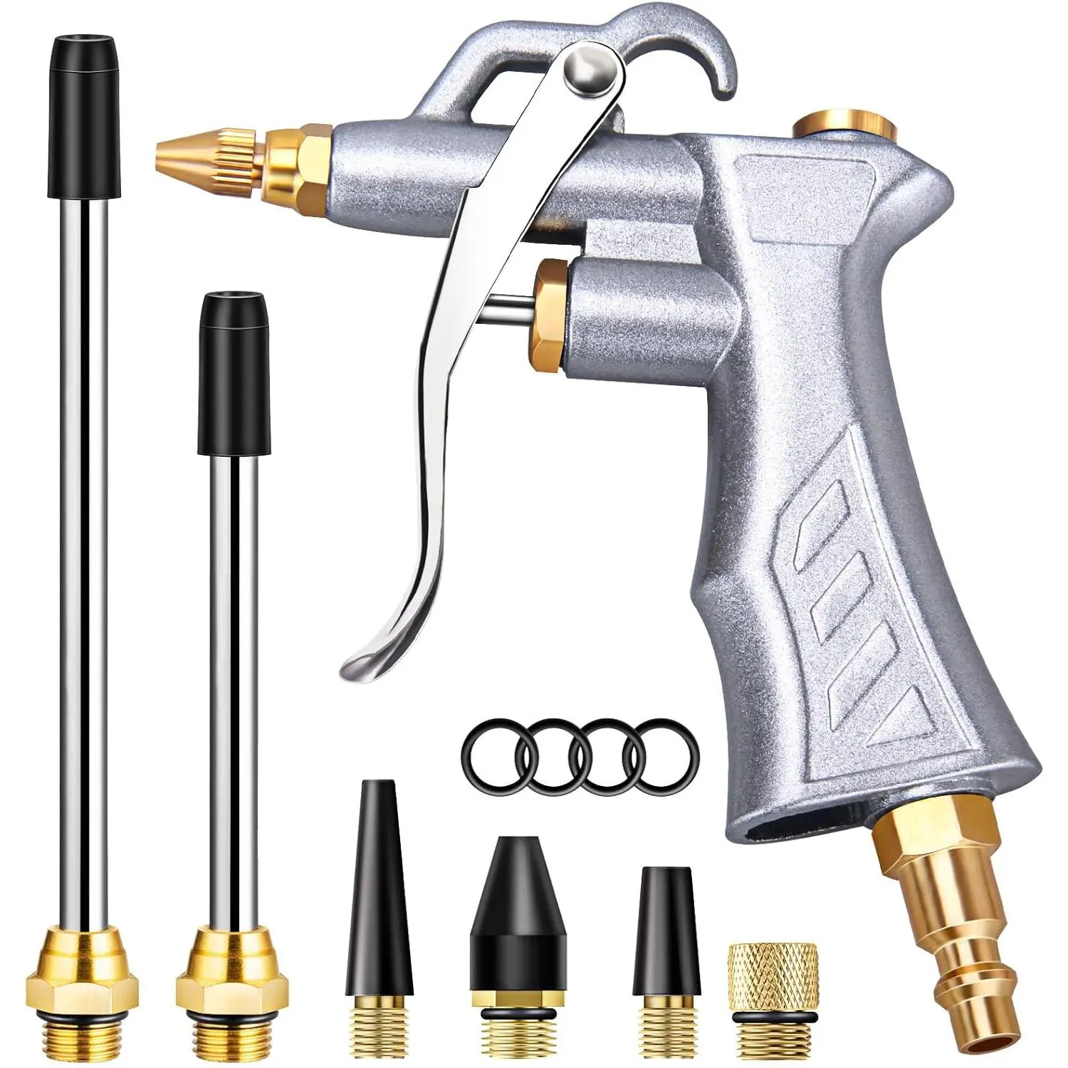 Industrial Air Blow Gun with Brass Adjustable Air Flow Nozzle and 2 Steel Extension, Pneumatic Air Compressor Accessory Tool Dust Cleaning and Blower Gun