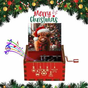 1pc Vintage Wooden Hand-Cranked Music Box, Festive Highland Cow Christmas Scene Delight pattern, Christmas Gift for Family and Friends, Ideal for Birthdays, Christmas gifts, New Year's gift, Home