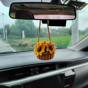 Yarny Bear - Crochet Sunflower Car Mirror Hanging: Handmade Car Plant Decor