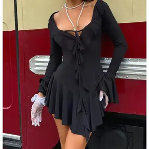 Fashionable ruffled bell-sleeve waist-tied bodycon dress