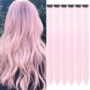 6PCS Baby Pink Clip-In Hair Extensions – 20 Inch Straight Synthetic Strands for Women & Girls, Perfect for Dress-Up, Music Festivals & Celebrations