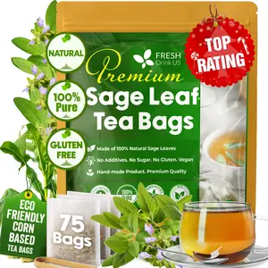 FreshDrinkUS, Premium 75 Sage Leaf Tea Bags, 100% Natural & Pure from Sage Leaves. Loose Leaf Sage Herbal Tea. Made with Natural Material Tea Bags. No Sugar, No Caffeine, No Gluten, Vegan.
