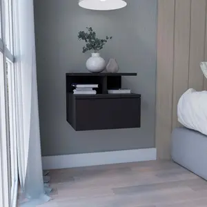 Floating Nightstand 12"H, Wall Mounted with Single Drawer and 2-Tier Shelf, Black On-Site