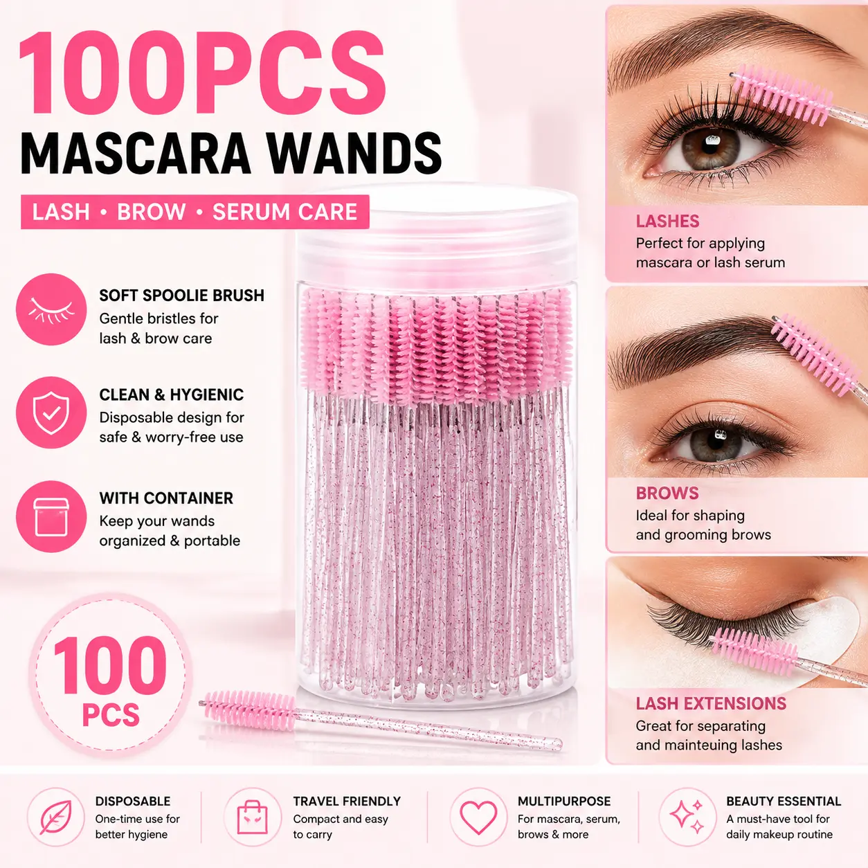 100PCS Disposable Mascara Wands, Eyebrow Spoolie Brushes with Container, Eyelash Extension Lash Brushes for Mascara, Lash Serum and Makeup Application