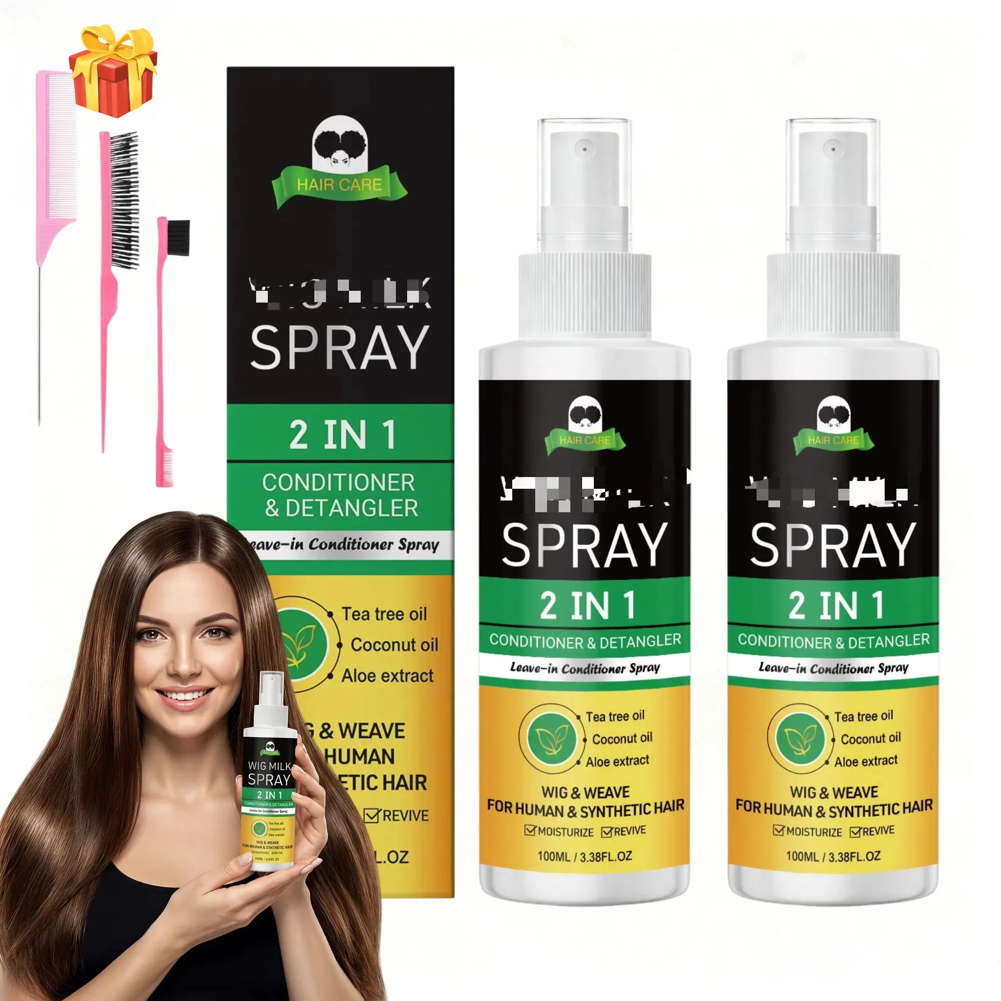 5Pcs 100ml Tea Tree Oil 2-in-1 Wig Detangler Leave-In Conditioner Spray Bottle (Mist Spray Bottle) - Hydration Boost Formula for Human & Synthetic Wigs, Reduces Frizz, Enables Easy Combing for Daily Haircare