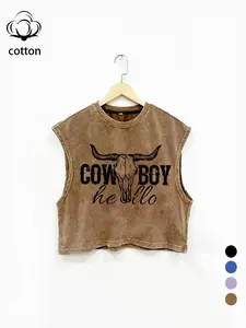 Plus Size New Autumn Winter Round Neck Sleeveless Cotton Tank Top Everyday with Western Funny Letter and Bull Statement Graphic Print, Unisex Loose-Fit Street Casual Style