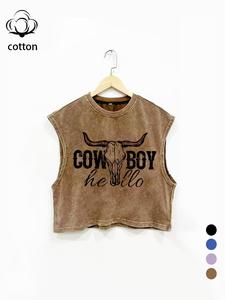 Autumn Winter New Round Neck Plus Size Cotton Western Funny Letter Cow Print Sleeveless Vest Top, Unisex Street Style Loose Fit Outerwear
