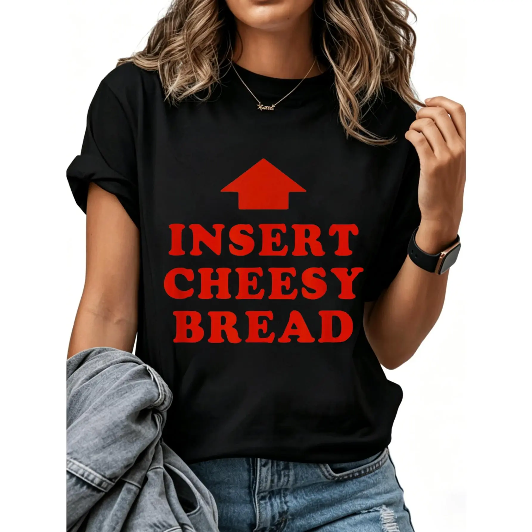 Insert Cheesy Bread T-Shirt, Unisex Graphic Print Shortsleeve Everyday Top in Soft 100% Cotton