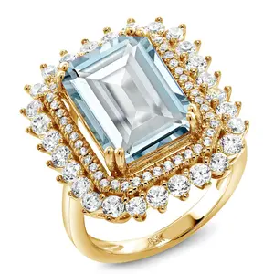 Gemstone Birthstone Halo Ring For Women | 18K Yellow Gold Plated Silver | Emerald Cut 14X10MM | Wedding Anniversary Promise Statement Ring | Available In Size 5, 6, 7, 8, 9