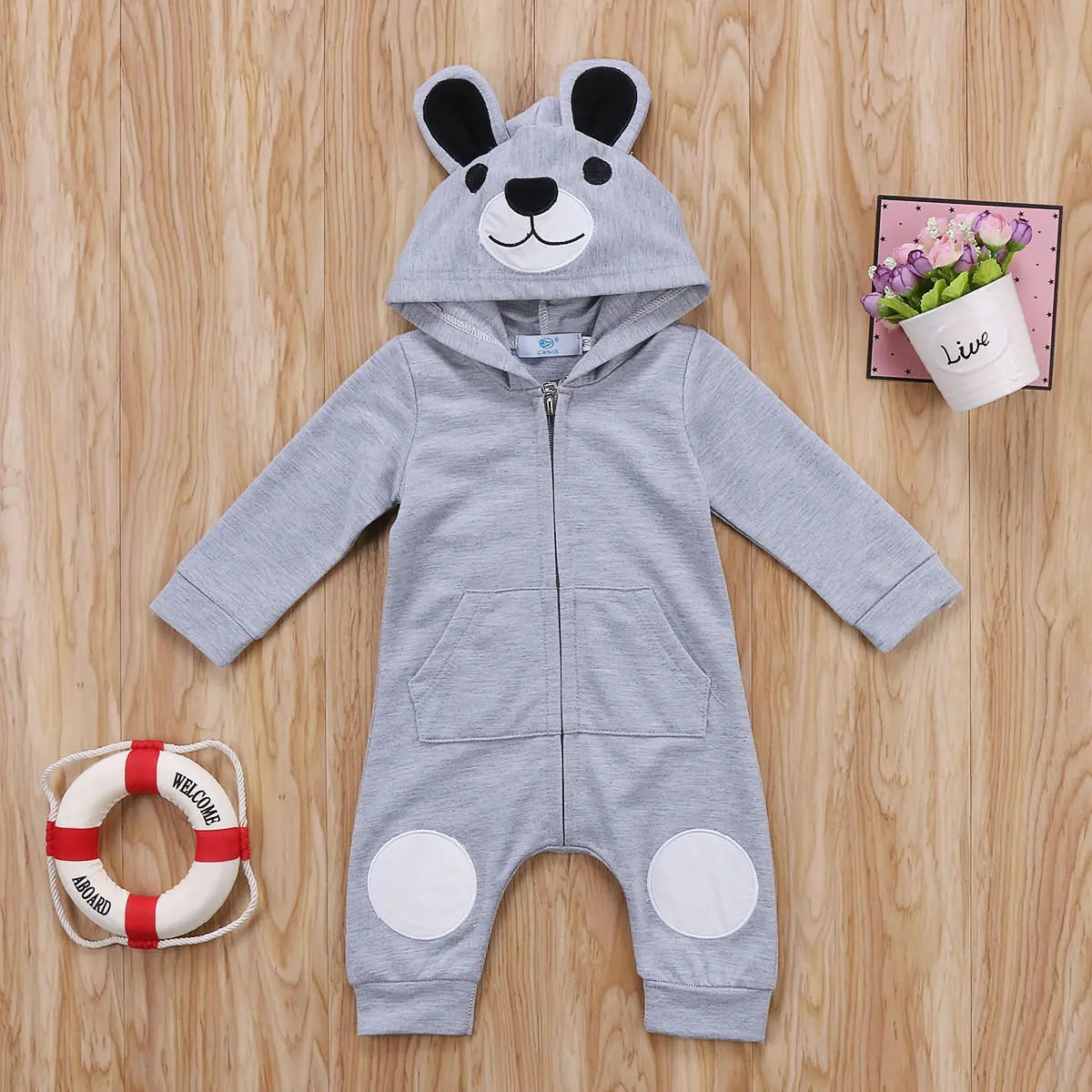 Ma&Baby Newborn Baby Girl Boy Clothes 3D Ear Bear Hooded Romper Jumpsuit Playsuit Zipper Outfits 0-24M