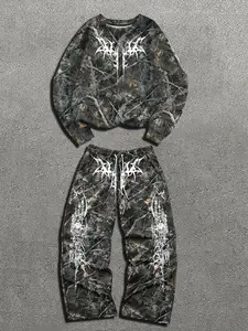 Men's Geometric Print Knit Long Sleeve Hoodie Set, Casual Comfortable Fitted Design, Spring & Fall Fashion, Stylish and Cozy, Menswear