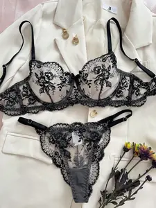 Sexy Bra & Panty Lingerie Set For Women, Mesh Floral Embroidery Underwear Set sexy comfy panty two-piece