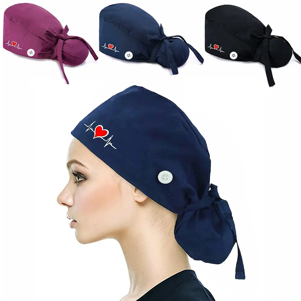 Women's Adjustable Scrub Caps (3 Pcs) - Lightweight Breathable Adjustable Hat with Ponytail Holder for Nurses, Hospital Professionals, Healthcare, Floral, Daily, Heart Motif, Flexible, Basic, Beanie