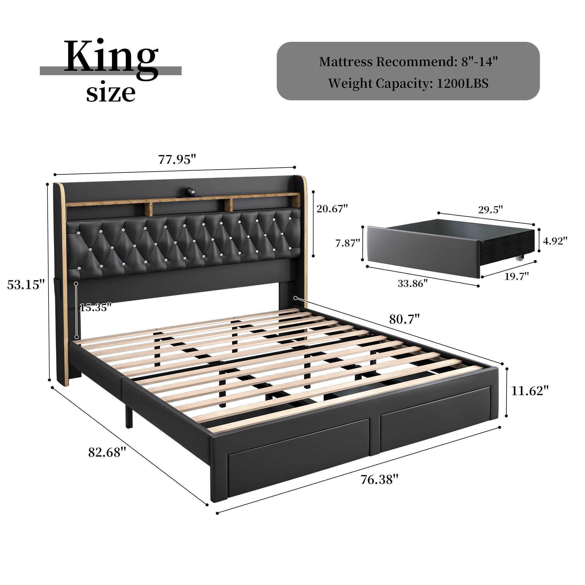 [Father's Day Gift] Queen LED Bed Frame with Galaxy Star Projector, Built-in Speaker & Charging Station, Luxury Upholstered Platform Bed with 2 Storage Drawers & 2-Tier Headboard, Noise-Free Modern Bedroom Furniture, Black