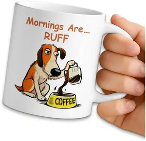 Funny Dog Coffee Mug, Mornings are Ruff, 11oz Ceramic Double Sided Print Coffee Tea Cup, Humor Office Gifts for Women Men Dog Lovers, Christmas Birthday Gifts for Employee Colleague Friend