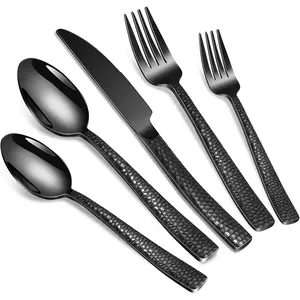 40-Piece Silverware Set, Black Hammered Stainless Steel Flatware Sets for 8, Food-Grade Tableware Set, Including Fork Knife Spoon Set, Home Kitchen Cutlery Sets, Dishwasher Safe