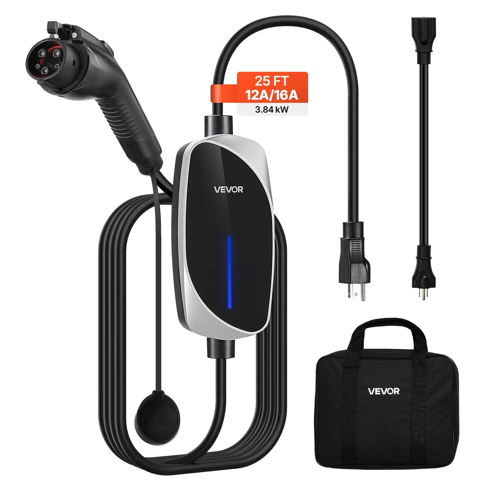 【DealsForYouDays】VEVOR Level 12 EV Charger, 16 Amp, Electric Vehicle Portable Charger with 25 ft Charging Cable, 120V-240V, NEMA 6-20P Plug NEMA 5-15 Adapter, LED Indicator, Home Car Charging Station for SAE J1772 EV