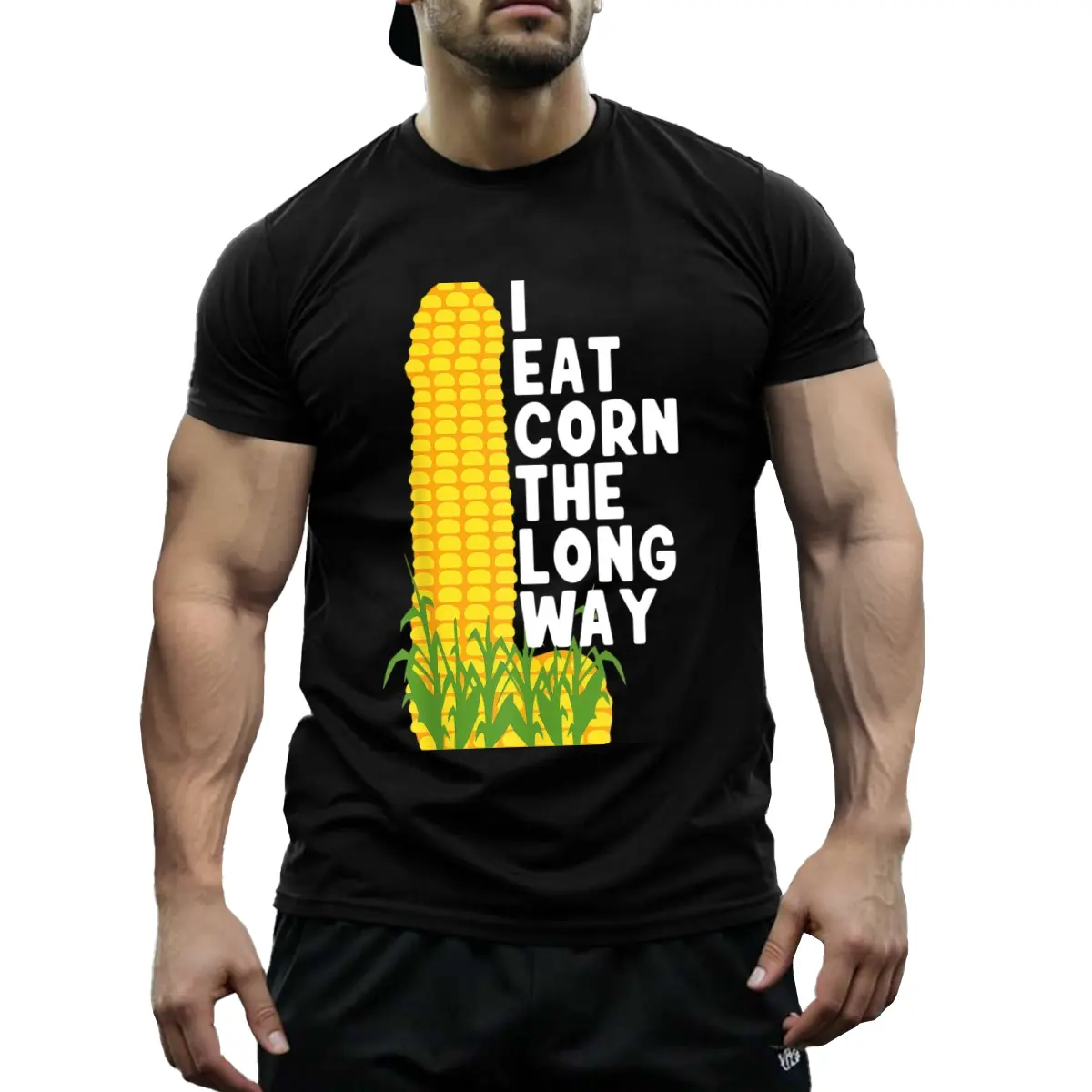 Men's "I Eat Corn The Long Way" Funny Meme T-Shirt - Viral Relatable Humor Streetwear Top, Breathable Short-Sleeve Casual Daily Outfit Talking Piece Tshirt, Shortsleeve