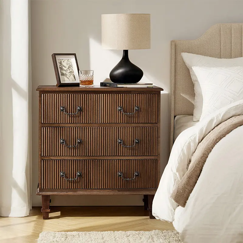 HULALA HOME Galatea 3-Drawer Rustic End Table with Charging Station】featuring integrated charging, premium Paulownia wood, four spacious drawers, vertical striped fronts, and square tapered legs. living rooms, bedrooms,  home offices